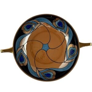 Noritake Morimura Art Deco Handled Bowl Dish Peacock Gold Trim Japan Vintage